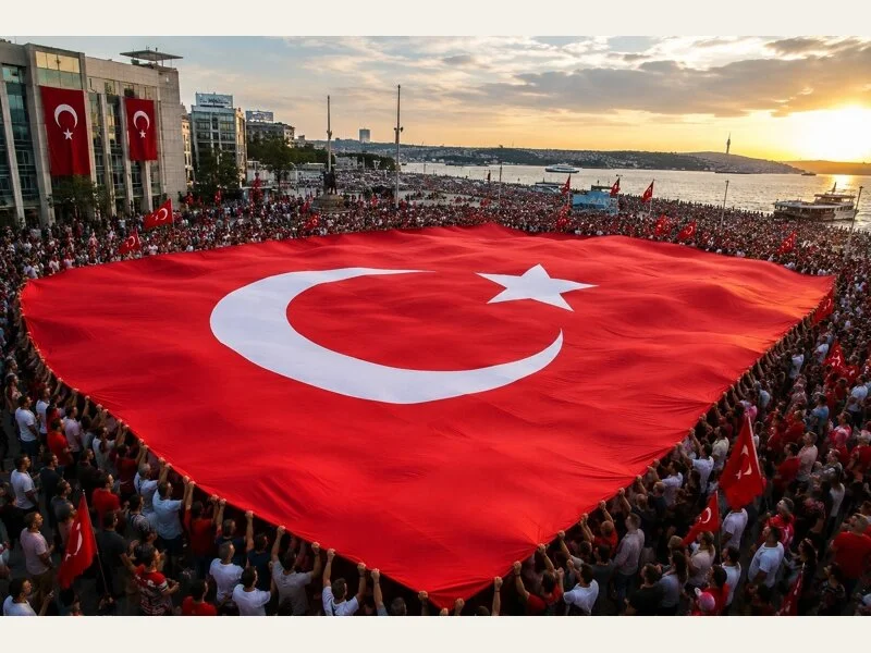 Tören alanında büyük Türk bayrağı